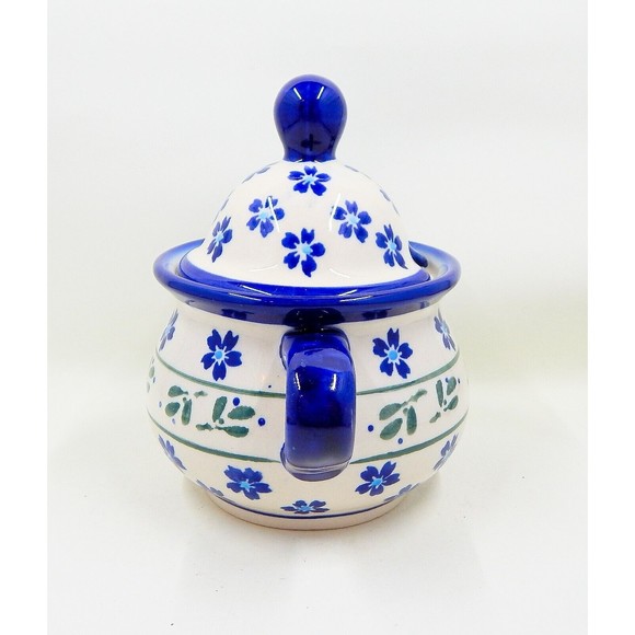 Zaklady Polish Pottery Lidded Sugar Bowl Daisy Field Aqua Floral Ivy Leaves - Picture 4 of 11